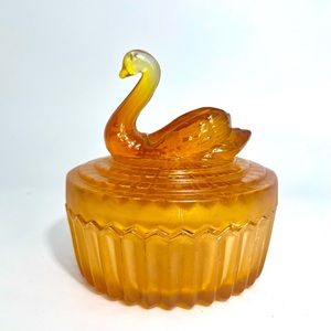 Jeanette Glass Marigold Dish Powder/Trinket Box with Swan Lipstick Holder